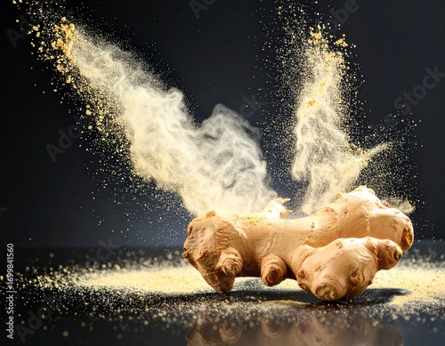Ginger root with a cloud of ginger powder a studio shot capturing texture and flavor