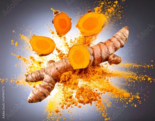 Turmeric explosion in frozen motion in the air, turmeric powder and slices spread in all directions
