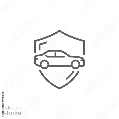 Shield and car icon. Simple outline style. Safety, protect, safe, secure, vehicle, auto, transport, insurance concept. Thin line symbol. Isolated design editable stroke.