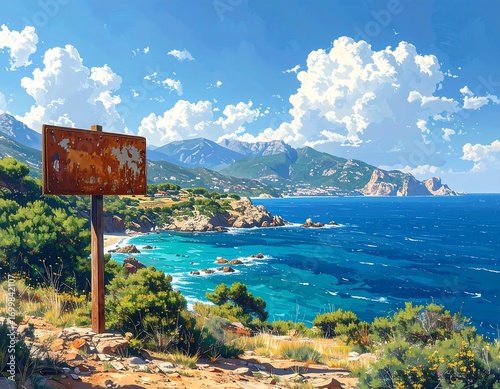 Wallpaper Mural Serene coastal view with azure waters, lush vegetation, and a weathered sign Torontodigital.ca