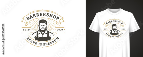 Vintage emblem design with bold typography, bearded barber portrait, established year detail and classic layout for apparel branding and merchandise. Vector illustration