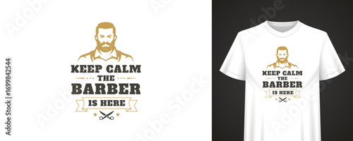 Retro barbershop artwork with motivational quote, masculine portrait, classic haircut symbols and decorative elements perfect for shirt design and branding. Vector illustration