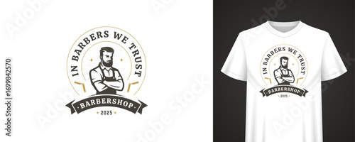 Classic barbershop design with vintage badge, bold quote, male character with beard, modern retro styling and ribbon banner perfect for apparel branding. Vector illustration