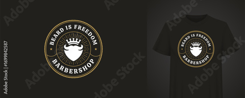 Stylish logo for a barbershop featuring a beard and crown, surrounded by text in vintage style. Design is printed on a black t-shirt, creating a fashionable and eye-catching look. Vector illustration