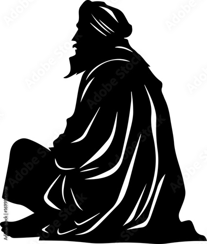 Contemplative figure in traditional attire, seated posture, serene profile, cultural representation, historical essence
