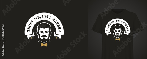 Stylish barber logo featuring a mustache and bow tie, complemented by a curved text “Trust Me I'm a Barber”. The design is printed on a black t-shirt mockup, creating a professional and vintage look