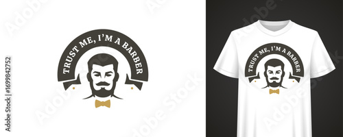 Barber slogan design featuring male character with mustache and haircut, arched typography, and vintage badge style ideal for fashion prints and apparel. Vector illustration