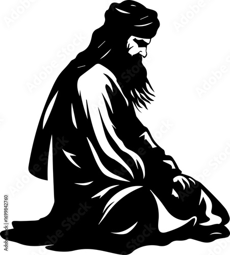 Spiritual elder in prayer, seeking divine wisdom and inner peace in quiet contemplation