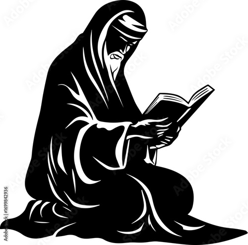 Wise elder in traditional robes engrossed in reading ancient text, seeking knowledge