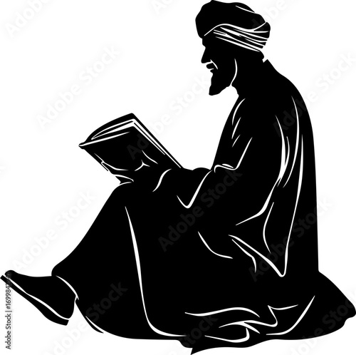 Wise scholar in traditional attire deeply engrossed in ancient wisdom, inspiring learning
