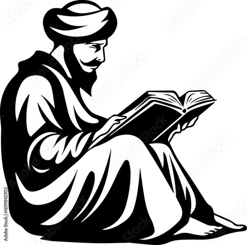Wise scholar in traditional attire engrossed in ancient book, seeking knowledge