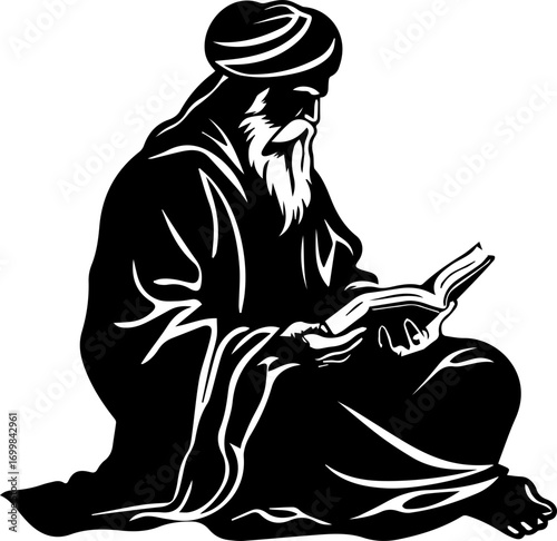 Wise elder in traditional attire reads sacred text, seeking knowledge and spiritual enlightenment