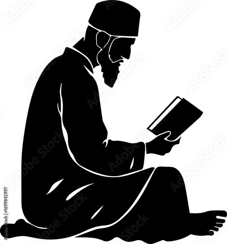 Devout man in traditional attire engrossed in reading a sacred book, conveying peace and wisdom