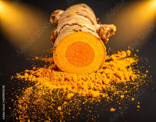 Turmeric root slice with powder particles suspended in air, captured in high speed