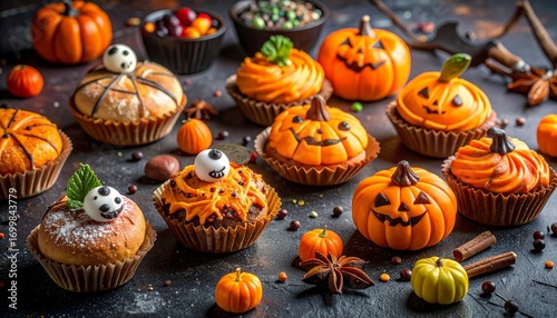ハロウィンのカップケーキお菓子。AIで生成。
