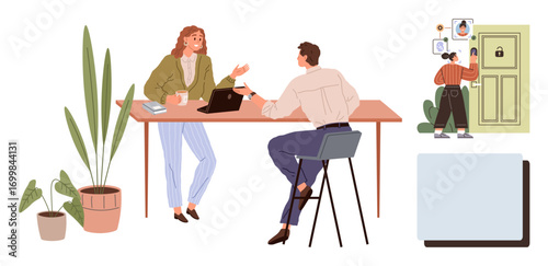 Two coworkers converse with a laptop and coffee at a desk. Another ensures security by locking the door. Ideal for teamwork, workplace, collaboration, privacy, security, decision-making focus. A