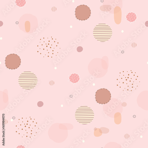 Hand drawn dots, spots and line, polka dots different sizes on pink background. Seamless pattern,vector illustration for wrapping paper, card 