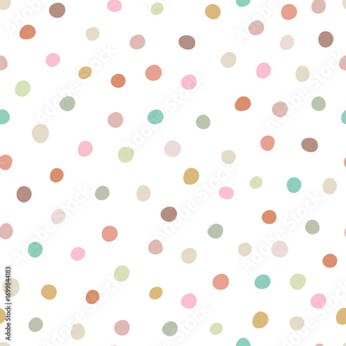 Polka dots different sizes and colors on white background, seamless pattern.
