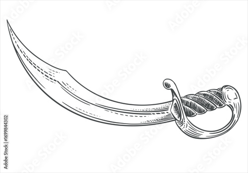 Curved vector silhouette of arabian sword. Cold weapon. Pirate saber. Corsair broadsword with wide blade in engraving technique. Imitation of engraving on white background.