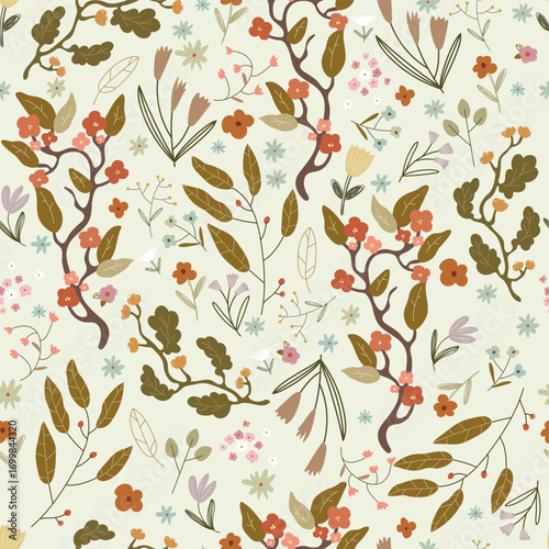 Seamless patten with flowers, berries, leaves hand drawn plants. Vector iluustration with daisy, tulip, cherry bloom, berry, and many different small flowers on light background. 