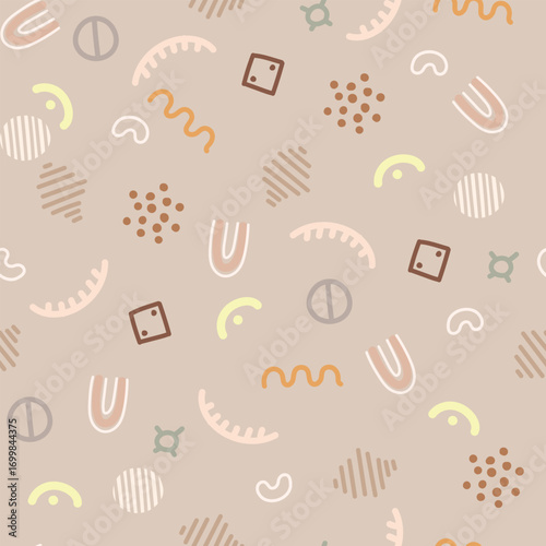 seamless pattern with lines, dots, zig zag, different geometric figure on pastel background. Vector illustration , kids pattern.