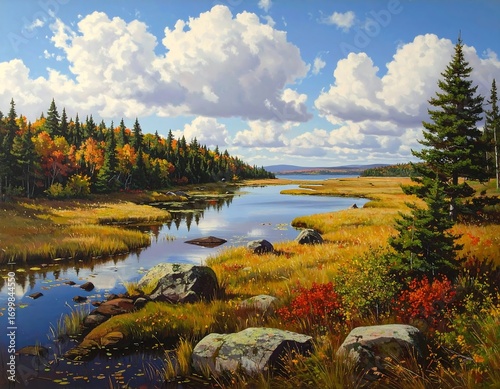 Wallpaper Mural Serene landscape painting of a river winding through a vibrant autumn forest Torontodigital.ca