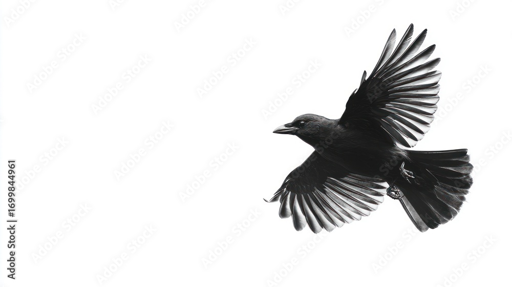 Fototapeta premium A black crow soars with wings spread wide, isolated against a white background