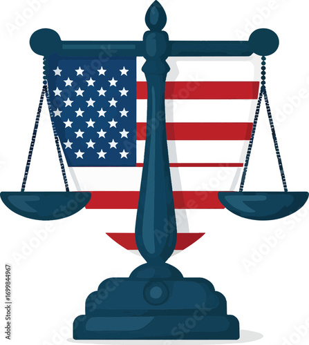 Concept of American law and order symbolized by the scales of justice with the United States flag
