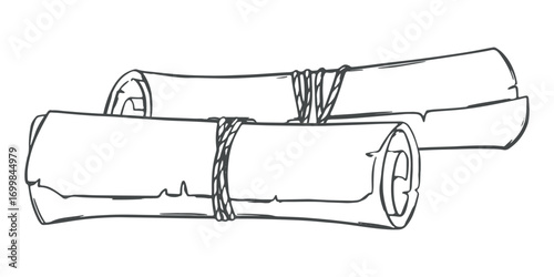 Two scrolls of old paper on the table. Ancient manuscript, rolled up. Vector linear sketch, imitation of engraving technique.
