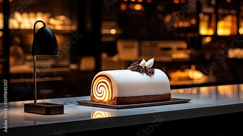Exquisitely decorated log cake on a marble counter.