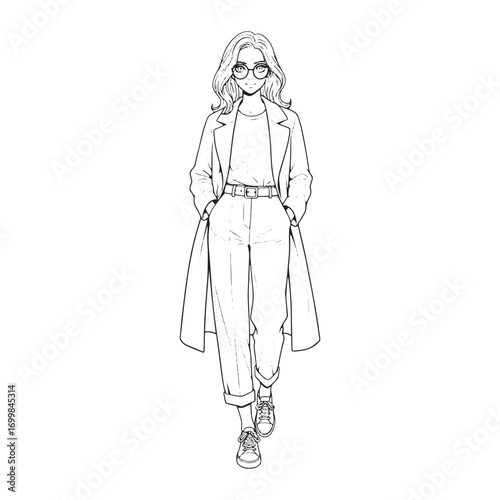 Stylish young woman in a trench coat, anime manga style fashion illustration. Black and white line art drawing for coloring book page.
