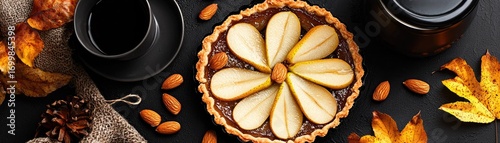 Autumnal pear tart with coffee and almonds.
