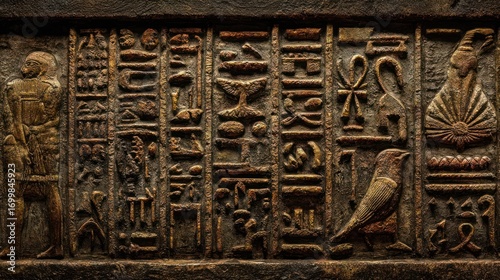 Ancient hieroglyphic carvings on a weathered stone surface, creating a textured tableau