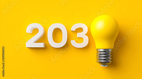 Bright Yellow Light Bulb Beside White Wooden Number 203 on Vibrant Yellow Background Showcases Modern Design Concept