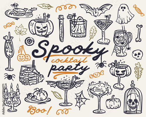Spooky Halloween Cocktail Party Set - vector whimsical hand-drawn illustrations