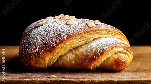 Delicious golden croissant sprinkled with almonds and powdered sugar.