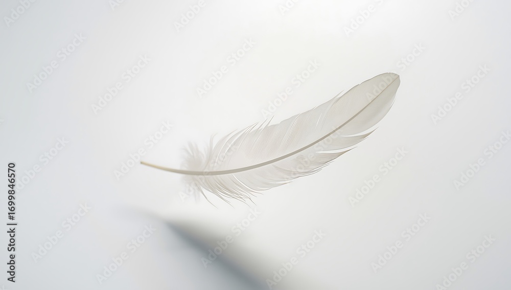 Obraz premium Delicate white feather floating gently with soft shadow on a clean white background