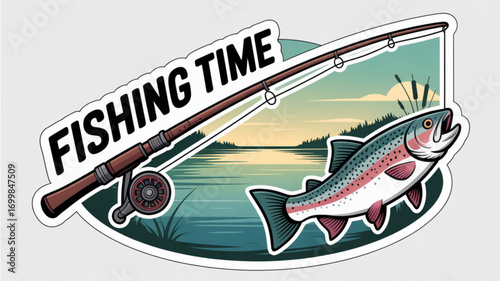 Fishing time with trout and fishing rod graphic for outdoor recreation and sport fishing adventure design