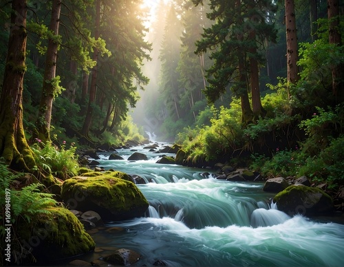 Wallpaper Mural Serene River Flowing Through a Lush Green Forest with Sunlit Canopy Torontodigital.ca