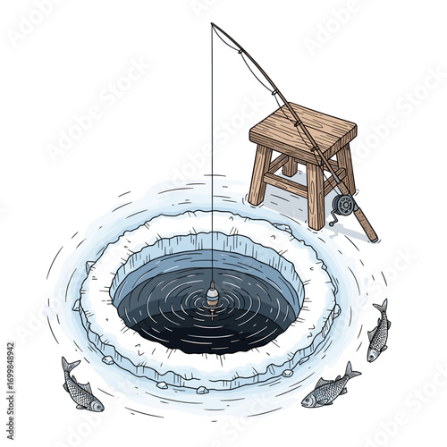 Ice fishing hole with rod, stool, and fish in winter illustration