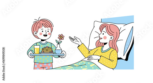 Caring young boy brings a delicious meal and a beautiful flower to a woman resting in bed, symbolizing love and support during recovery and a heartwarming gesture of kindness and well-being