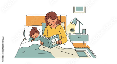 Mother reading a bedtime story to her sleeping child in bed, cozy atmosphere, night light, and illustration book, promoting a sense of warmth and love during family time