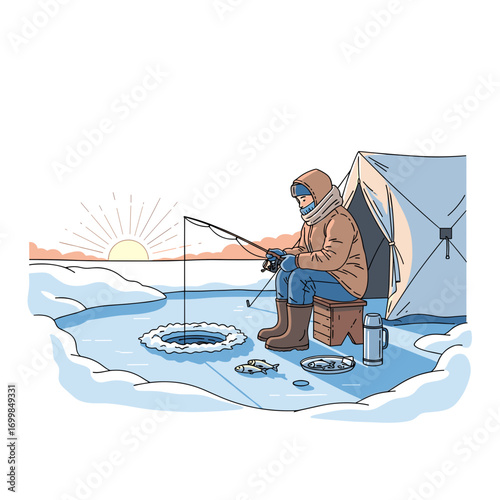 Ice fishing on frozen lake with tent at sunrise in winter