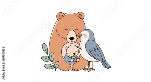 Gentle embrace of a mother bear holding her cub with a small bird perched on its head, symbolizing family love and nature's harmony in a charming illustration