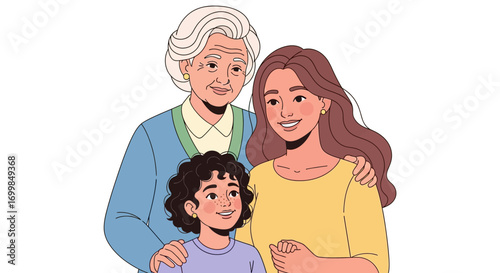 Generations of women, a grandmother, mother, and daughter, smiling together, representing family, love, and continuity of life