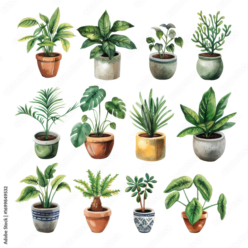 Fototapeta premium Indoor plants in decorative pots arranged in a grid display showcasing various species and styles for home decor
