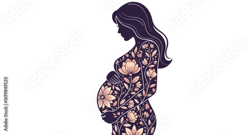 Silhouette of a pregnant woman adorned with delicate floral patterns, symbolizing the beauty and blossoming of new life, maternity, and the miracle of conception