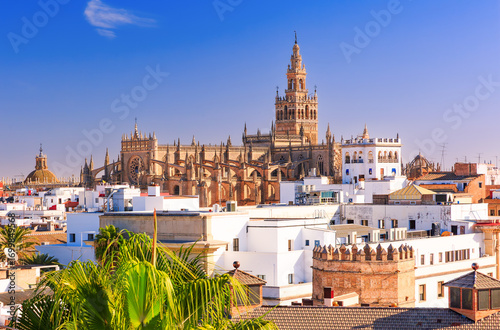 Seville, Spain. Cathedral of Saint Mary of the See with the Giralda bell tower.