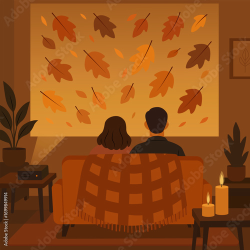 Vector illustration of a couple watching a movie at home with a projector. Cozy autumn evening atmosphere with candles, blanket, and falling leaves on the screen.