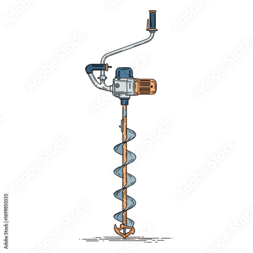 Motorized earth auger drill with spiral blade in vector style